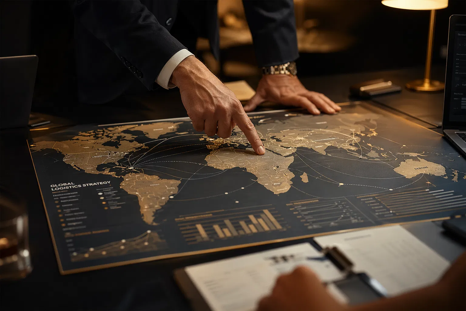Hands tracing routes on a global logistics strategy map