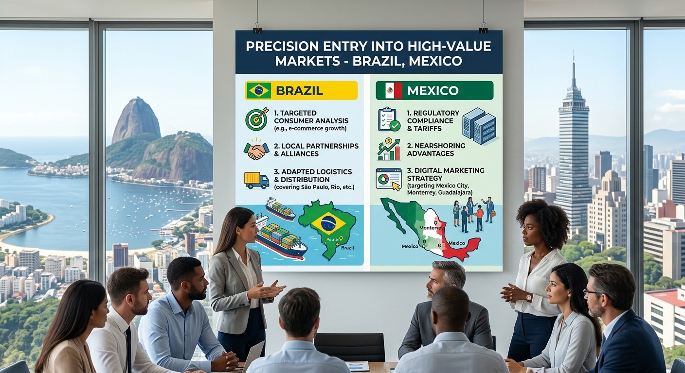 Strategic market entry session presenting precision entry frameworks for Brazil and Mexico