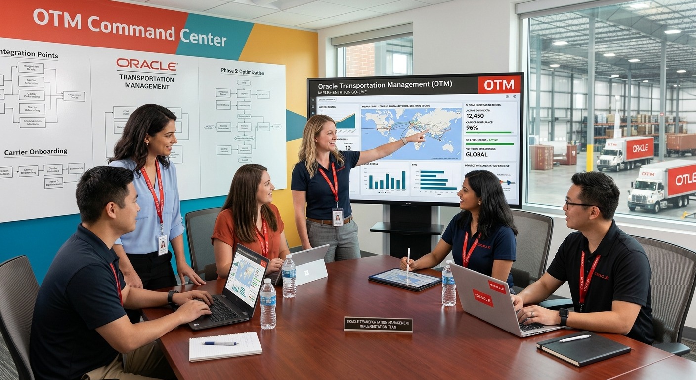 Logistics consulting team reviewing an Oracle Transportation Management implementation