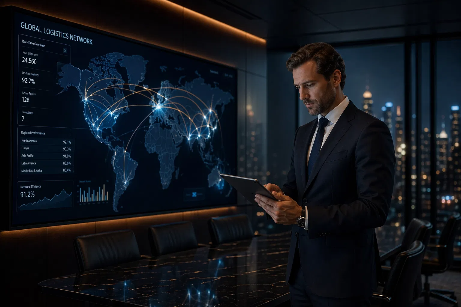 Boardroom view of a global logistics network